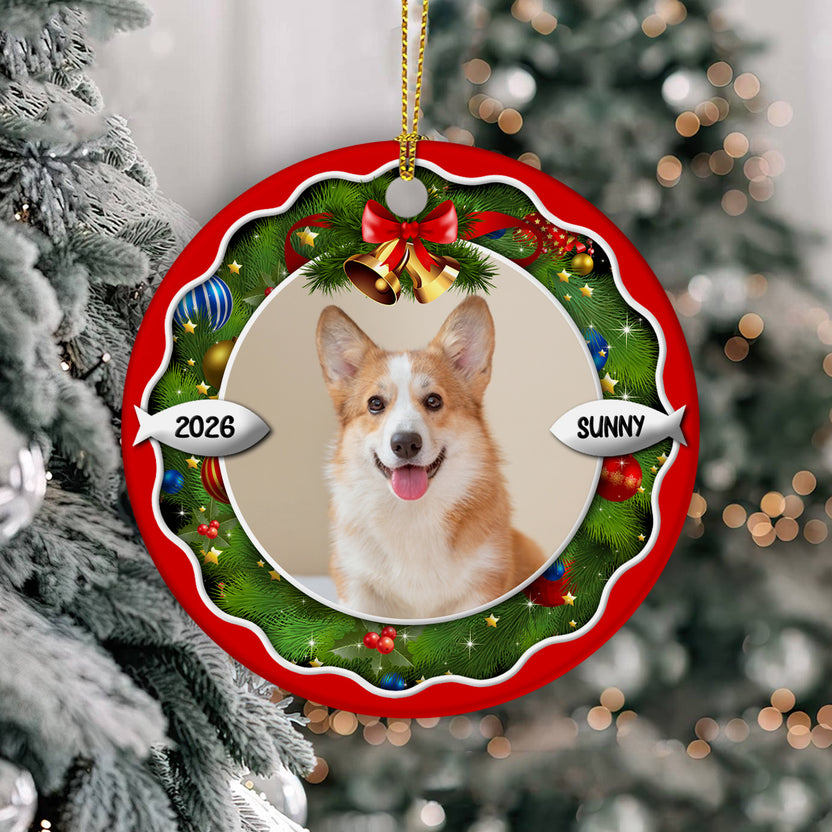 Dog Xmas Frame Custom Photo Dog Cute With Name & Year, Pet Milestone Keepsake, Custom Photo Holiday Tree Hanging Christmas Ornament, Tree Decor, Personalized Christmas Ornament