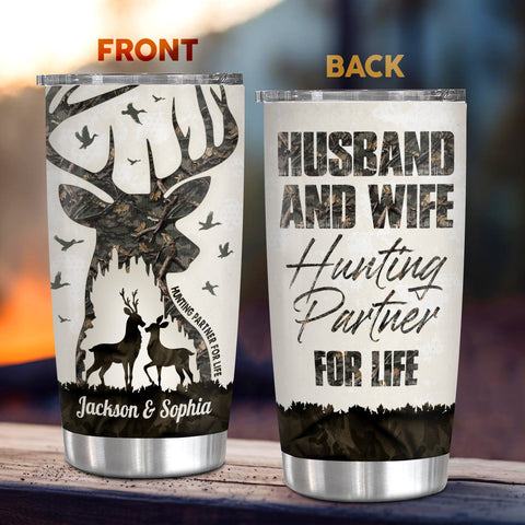 Buck And Doe Camo Pattern Deer Hunting Couple Husband And Wife Hunting Partner For Life, Personalized Tumbler, Gifts For Him Her, Custom 20oz With Lid Travel Cup, Gifts To Valentine
