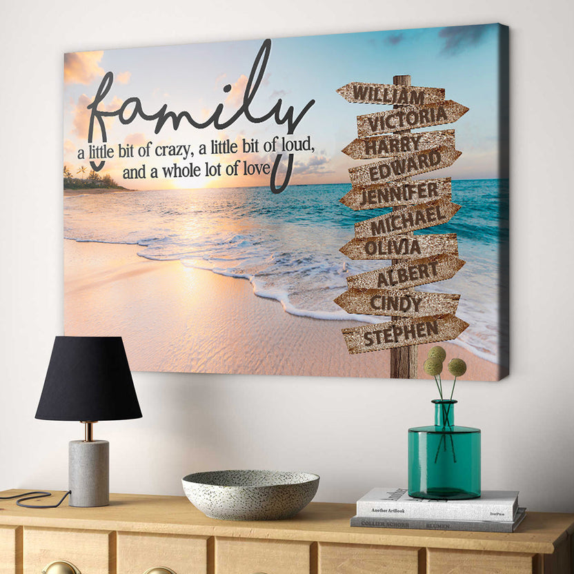 Family Gifts, Family A Little Bit Of Crazy Street Sign Beach Printed, Personalized Canvas Wall Art, Gifts For Parents,Poster Prints Home Decor, Family Wall Sign, Gifts For Birthday Xmas