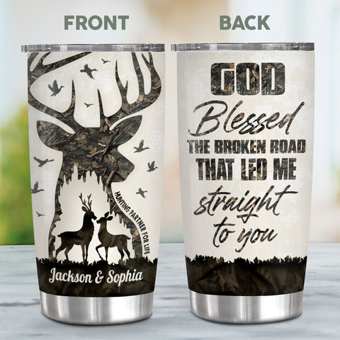 God Blessed Broken Road That Led Me Straight To U, Hunting Partner For Life Buck And Doe Camo Pattern, Personalized Tumbler, Gifts For Him Her Honey, Custom 20oz With Lid Travel Cup
