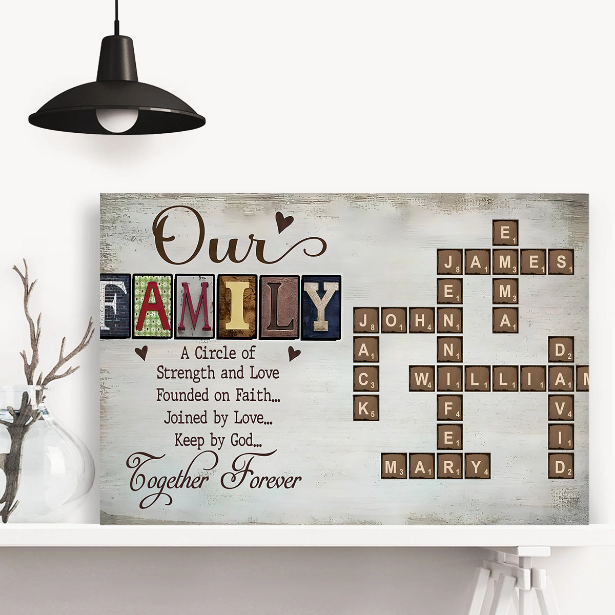 Our Family A Circle Of Strength And Love, Founded On Faith Crossword Art Poster, Personalized Canvas Wall Art, Gifts For Mom Dad, Poster Prints Home Decor, Family Wall Hanging