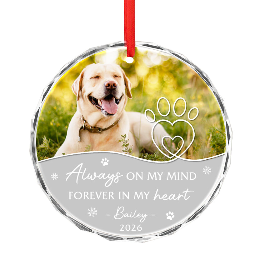 Always On Mind Forever In Heart Pawprints Glass Ornament Remembrance, Memorial Keepsake, Pet Loss Decoration, Winter Decor, Remembrance Tribute Ornament With Photo, Gifts For Dog Lovers