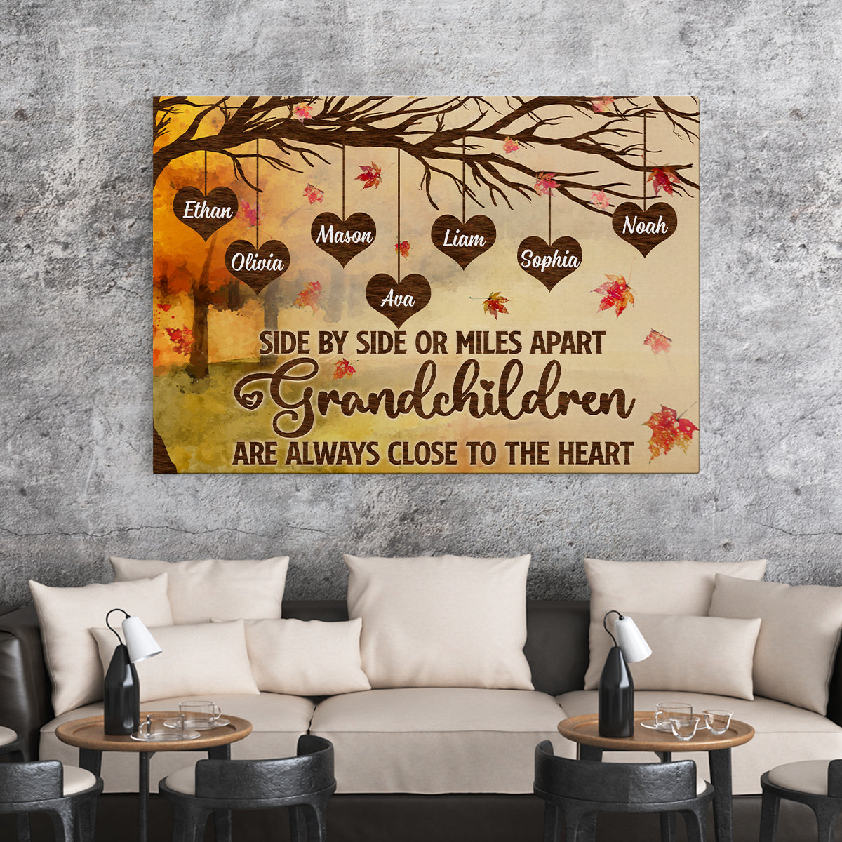 Grandma Gifts, Side By Side Or Miles Apart Grandchildren Are Always Close To The Heart Autumn Tree Heart With Names Canvas Wall Art, Gifts For Nana From Grandkids, Poster Prints Wall