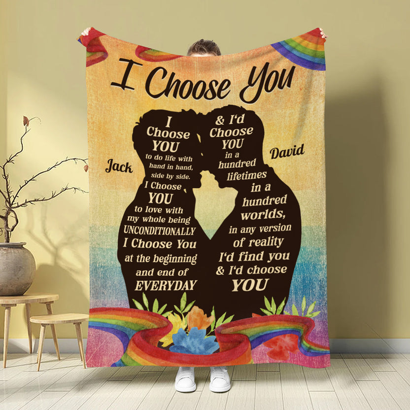 Gay Lgbt Couple Rainbow Silhouette Vintage I'd Find You & I'd Choose You, Personalized Blanket, Gifts For Him Her From Honey