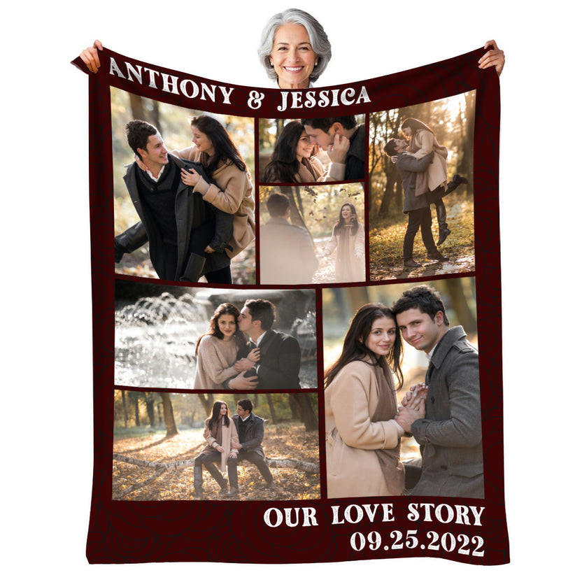 Personalized Photo Collage Blanket, Our Love Story, Custom Couple Gift, Anniversary Wedding Blanket, Romantic Red Design, Cozy Home Decor