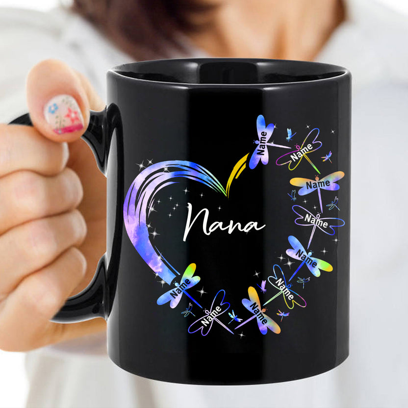 Personalized Coffee Mug For Grandmother From Grandchild Nana Colorful Heart With Dragonfly Custom Grandkids Name 11 15Oz Ceramic Black Cup Gifts For Grandma For Mothers Day Birthday
