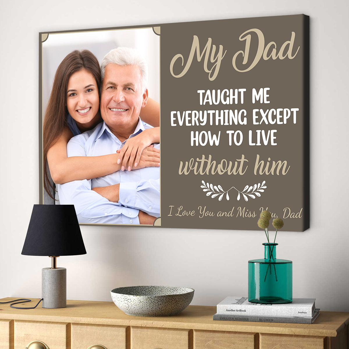 Sympathy Gifts, Memorial Canvas Wall Art With Photo, My Dad Taught Me Everything Except How To Live Without Him Gifts For Loss Of Dad, Poster Prints Home Decor, Funeral Gifts
