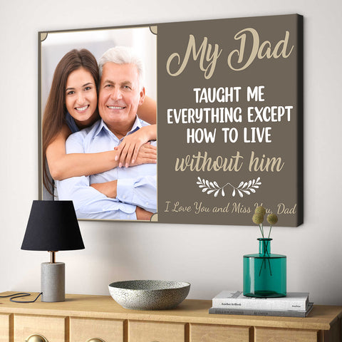 Sympathy Gifts, Memorial Canvas Wall Art With Photo, My Dad Taught Me Everything Except How To Live Without Him Gifts For Loss Of Dad, Poster Prints Home Decor, Funeral Gifts