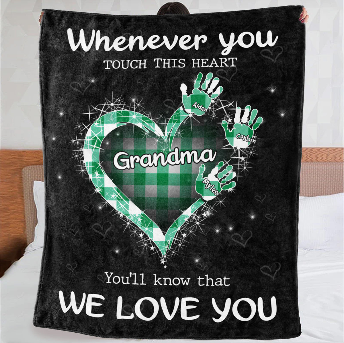 Funny Gifts For Grandma, Whenever You Touch This Heart Handprints Teal Plaid, Personalized Blanket, Gifts For Glamma Blanket