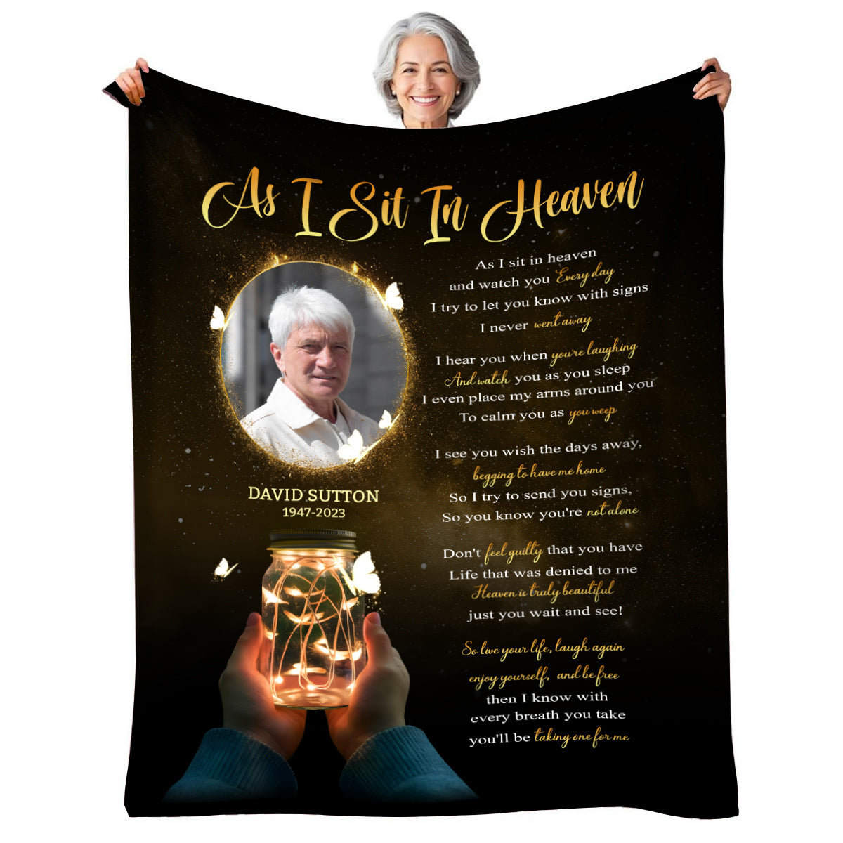 Sympathy Gifts, Personalized Memorial Blanket With Photo, Remembrance Blanket, Memorial Message From Above, Heaven Remembrance, Glowing Jar With Butterflies, Portrait Tribute Style