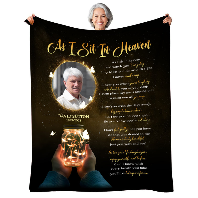 Sympathy Gifts, Personalized Memorial Blanket With Photo, Remembrance Blanket, Memorial Message From Above, Heaven Remembrance, Glowing Jar With Butterflies, Portrait Tribute Style