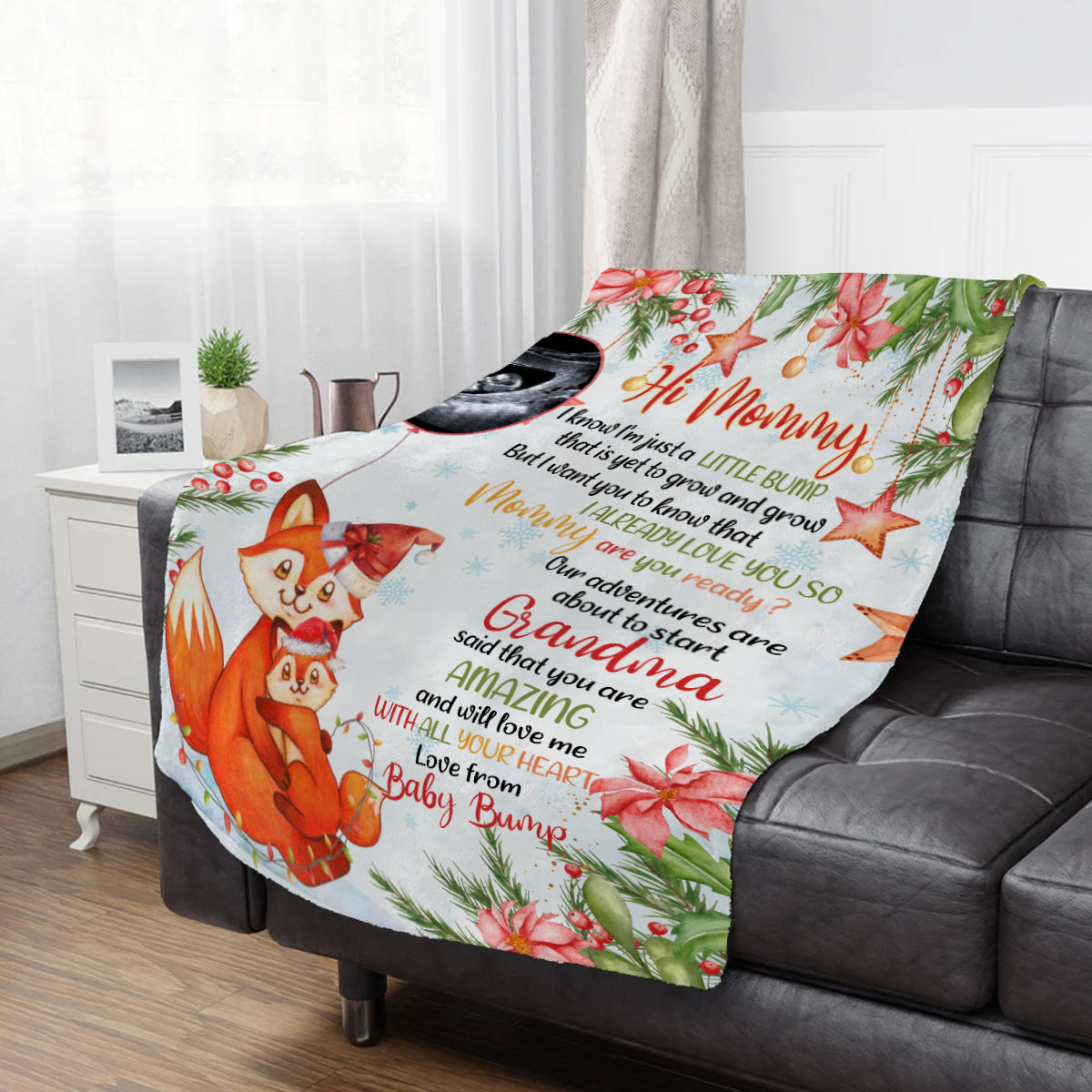 Fox Pregnancy Announcement Blanket From Baby Bump Hi Mommy, Ultrasound Reveal Gifts New Mom And Father, Soft Blanket For Expecting Mother, Cute Christmas Keepsake Gifts For New Parents