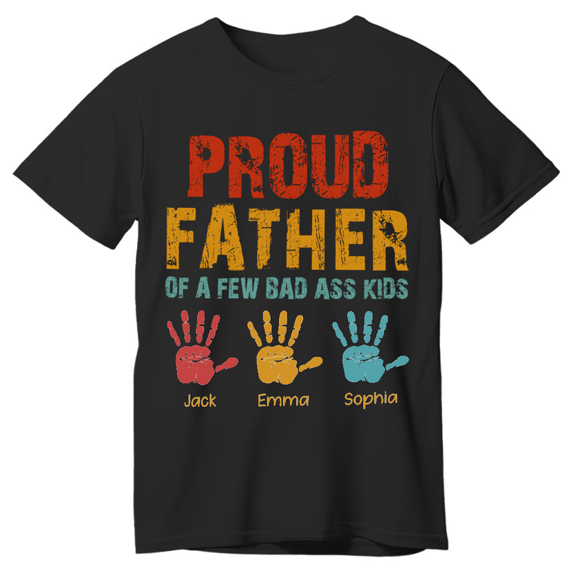 Cool Gifts For Dad, Proud Father Of A Few Badass Kids Handprint Retro, Personalized T-Shirt, Gifts For Daddy Father From Daughter Son, Short Sleeve Tops Tee Shirt, Gifts For Birthday