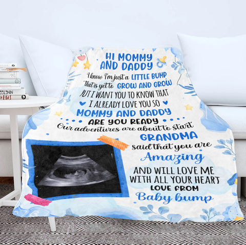 1st Time Expecting Parents Gifts, Blue Theme Ultrasound Picture I'm Just A Bump, Personalized Blanket, Gifts For New Parents, Fleece Sherpa Blanket, Baby Shower For Father's Day