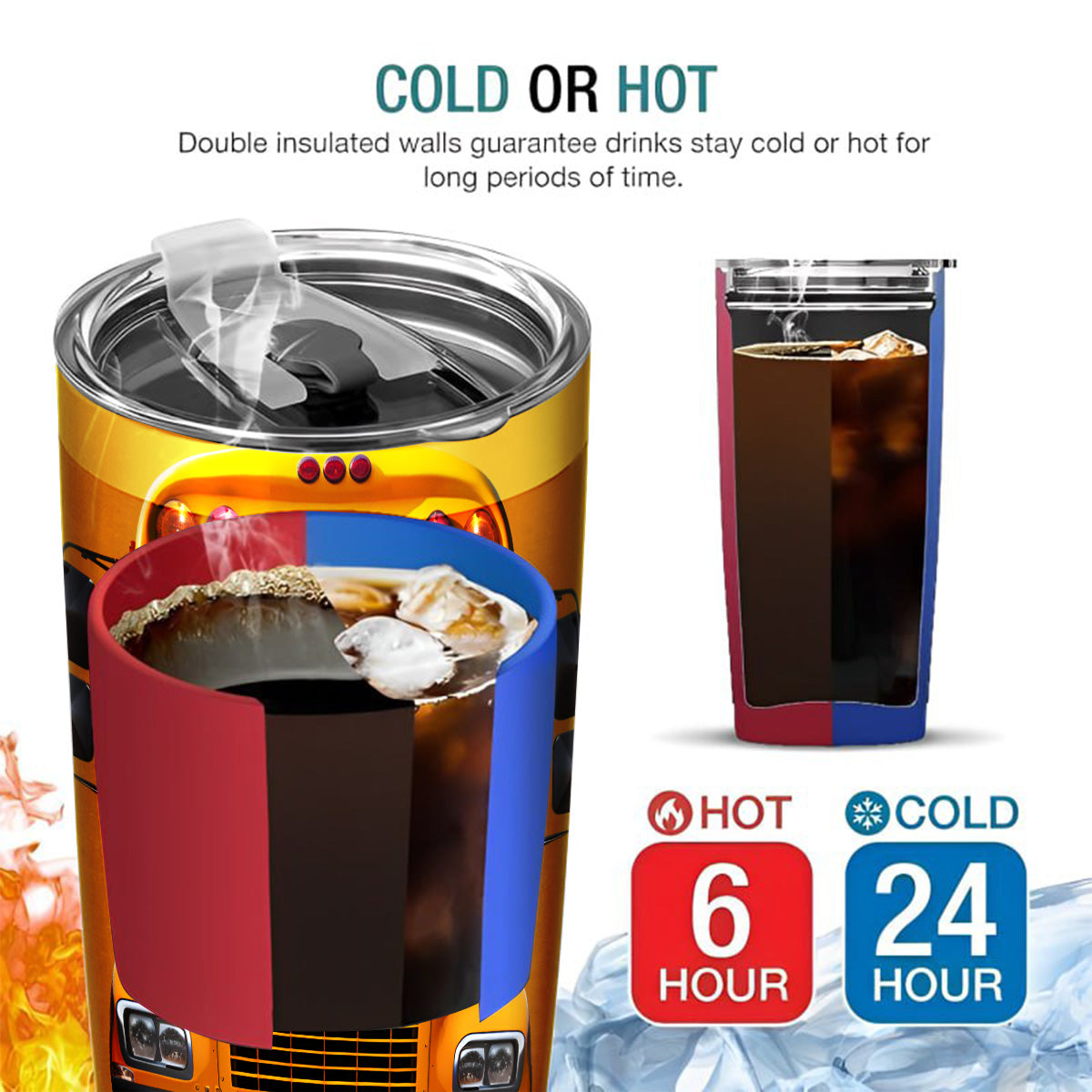 Personalized Tumbler For Men Dad Husband Coworker From Family Friends Custom Name Tumbler, Insulated Stainless Steel Travel Cup, School Bus Front And Back View Design, For Teacher