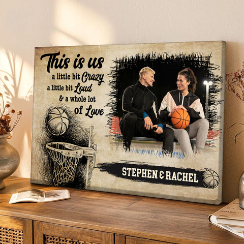 Personalized Name Couple Basketball Canvas Wall Art, A Little Bit Loud & A Whole Lot Of Love Quote Decor, Athletic Theme Print Canvas Wall Art, Gifts For Him Her Poster Prints Decor