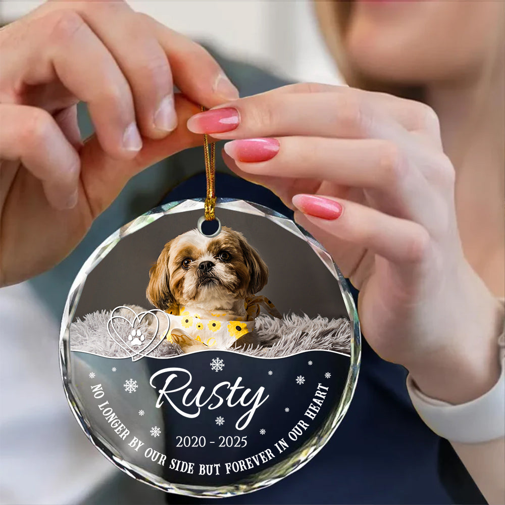 No Longer By Our Side But Forever In Our Heart Glass Circle Ornament, Personalized Pet Memorial Ornament With Photo, Gifts For Loss Of Dog, Tree Decor Christmas Keepsake, Pet Loss Gifts