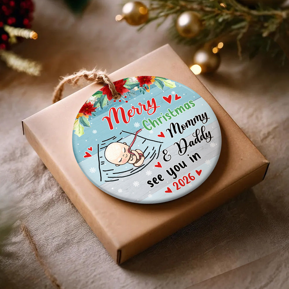 Mom To Be Gifts, Merry Christmas As Mommy & Daddy Sleeping Baby Bump, Custom Baby Announcement Circle Ornament, Holiday Decor, Maternity Circle Ornament Gifts For New Mommy