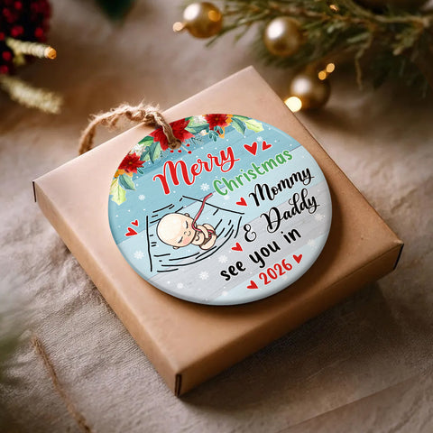 Mom To Be Gifts, Merry Christmas As Mommy & Daddy Sleeping Baby Bump, Custom Baby Announcement Circle Ornament, Holiday Decor, Maternity Circle Ornament Gifts For New Mommy