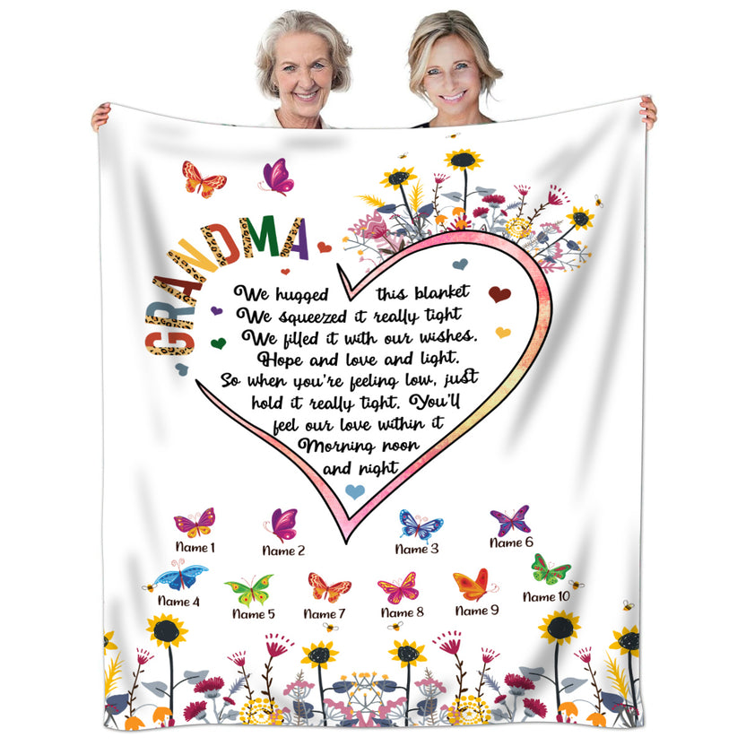 Grandmother Blanket, Grandma Letter Title Style, Heart Poem Layout, Butterflies Flowers Theme, Custom Names, Heart Shape Poem Message, Personalized Blanket, Gifts For Nana From Grandkid