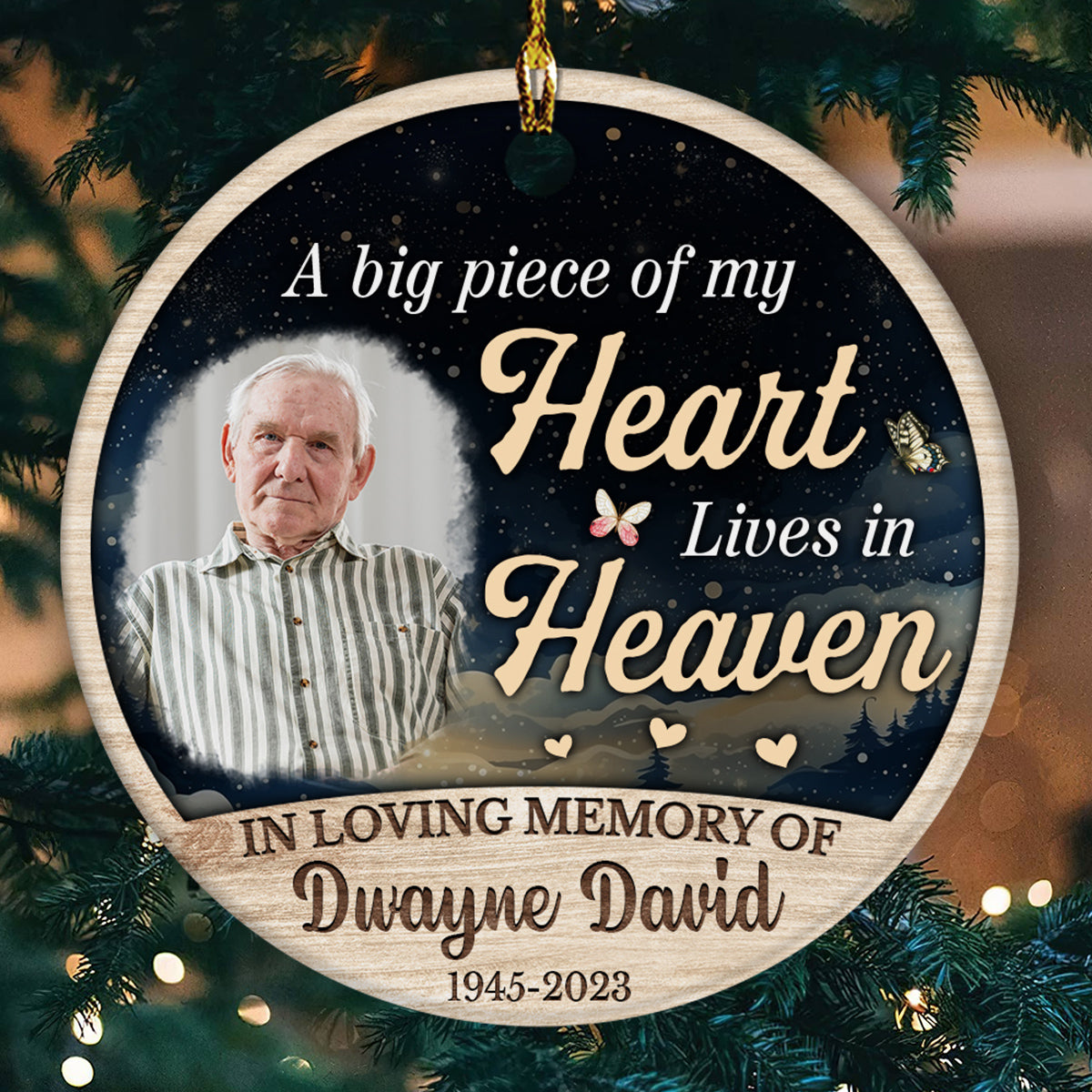 Sympathy Gifts, Personalized Photo Memorial Ornament, Big Piece Of Heart Lives In Heaven Butterflies Hearts Wooden Background, Gifts For Loss Of Mom Dad, Xmas Tree Decoration, Funeral
