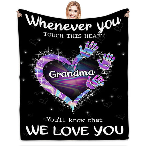 Grandma Gifts, Whenever You Touch This Heart Handprints, Personalized Blanket, Gifts For Grammy From Grandson Custom Fleece Sherpa Blanket, Gifts For Christmas Xmas Birthday Mothers Day