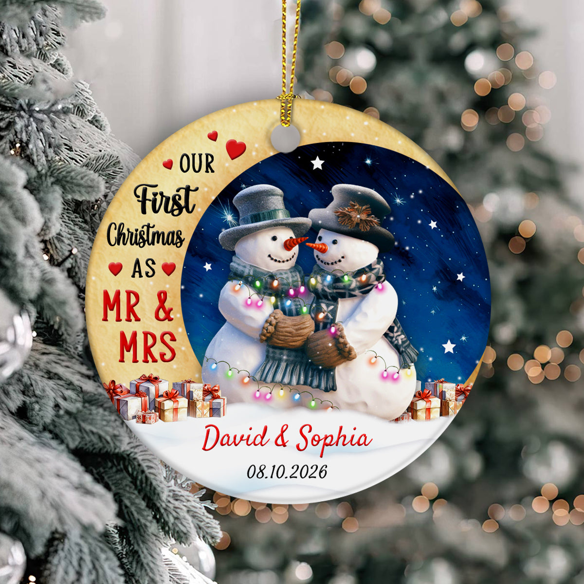 Newlywed Ornament, Our First Christmas As Mr & Mrs Cute Couple Crescents Moon, Holiday Tree Decoration, Wedding Keepsake, First Christmas Married Ornament Decor, Gifts For Bride Groom