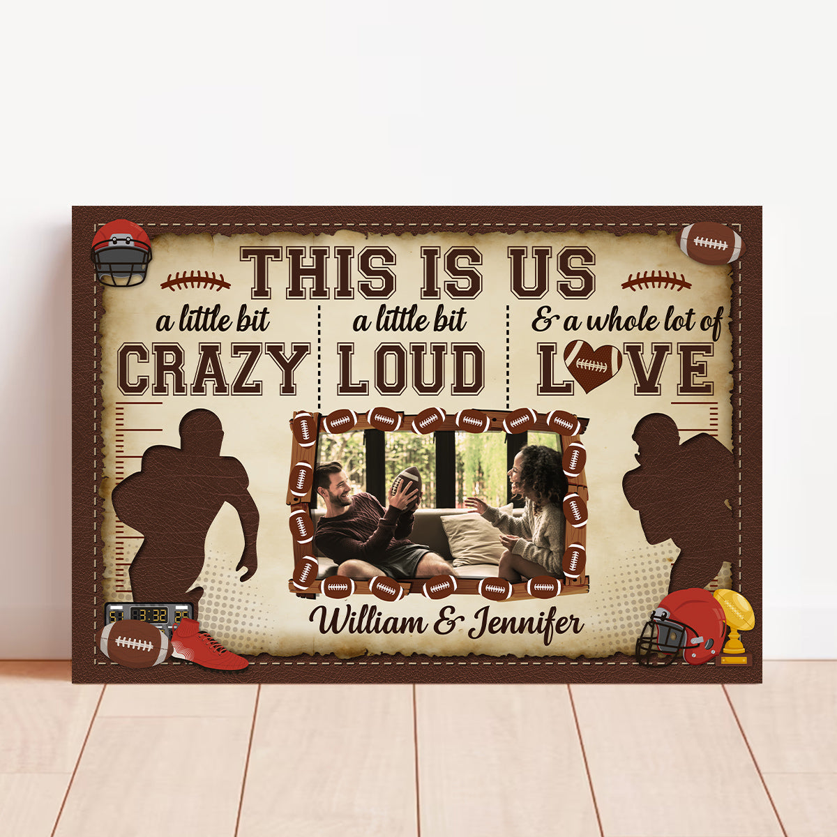 Personalized Name Football Canvas Artwork, A Little Bit Loud & A Whole Lot Of Love Phrase, Sports Couple Theme Decor, Personalized Canvas Wall Art, Gifts For Him Her Honey Poster