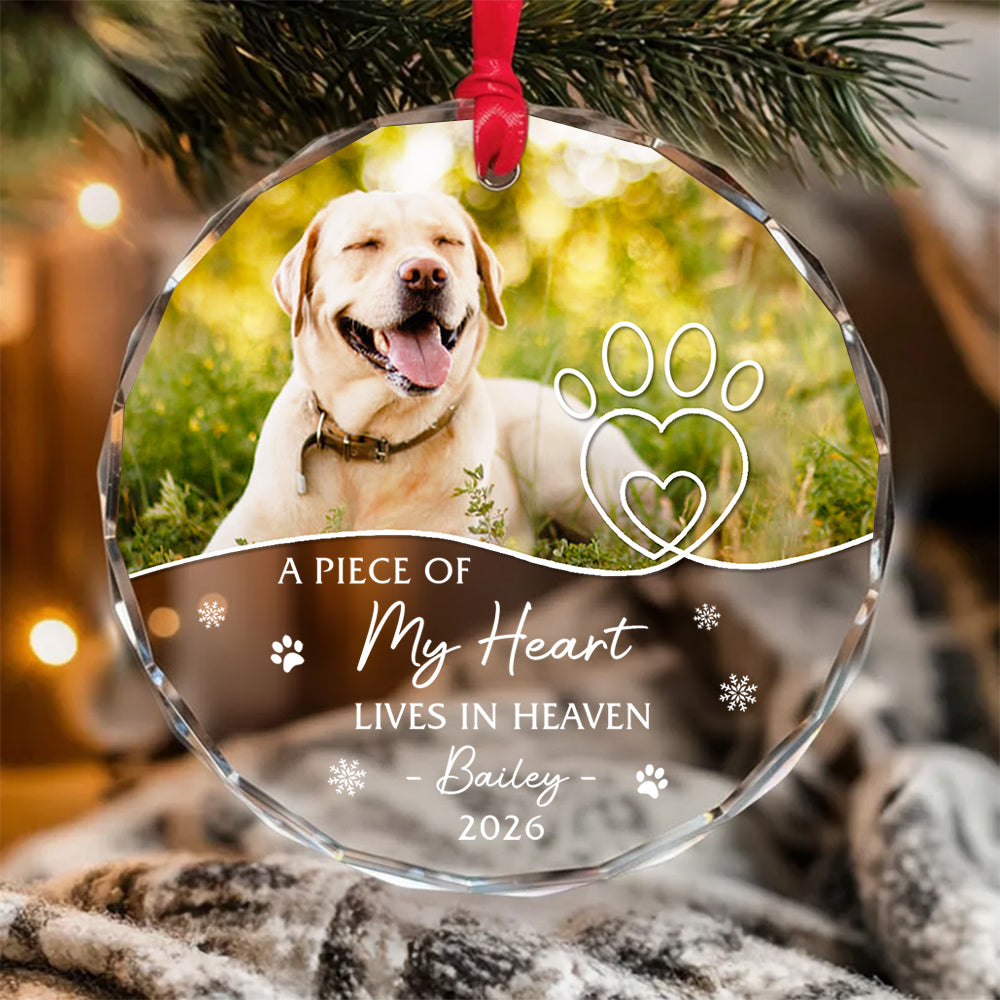 A Piece Of Heart Lives In Heaven Snowflake Pawdog. My Heart Lives In Heaven Glass Ornament, Xmas Tree, Pet Memorial Keepsake, Pet Memorial Ornament With Photo, Gifts For Loss Of Dog