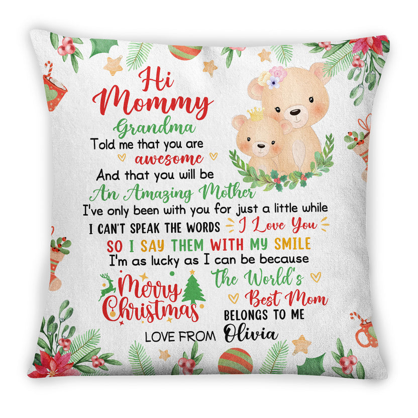 Personalized Square Pillow For New Mom From Baby Family Gifts Grandma Told Me That You Are Awesome Merry Christmas Cute Bear Custom Name Double Sided Sofa Couch Cushion On Christmas