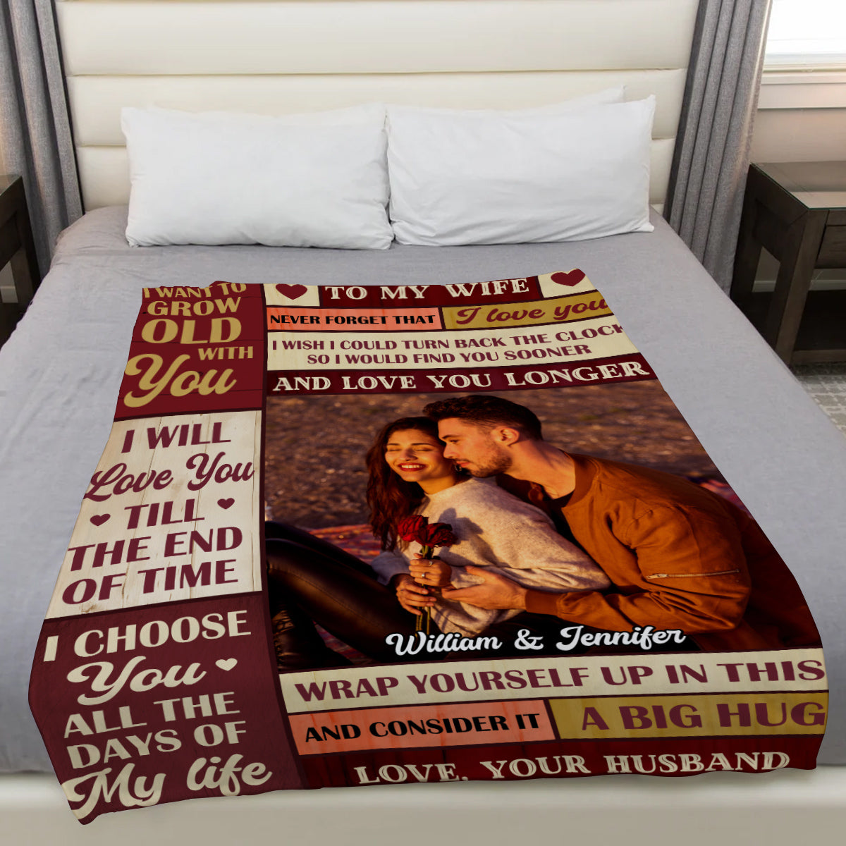 Romantic Wife Love Gifts, Vintage Burgundy Cozy Photo Blanket,To My Wife Blanket, I Want To Grow Old With You From Husband Anniversary