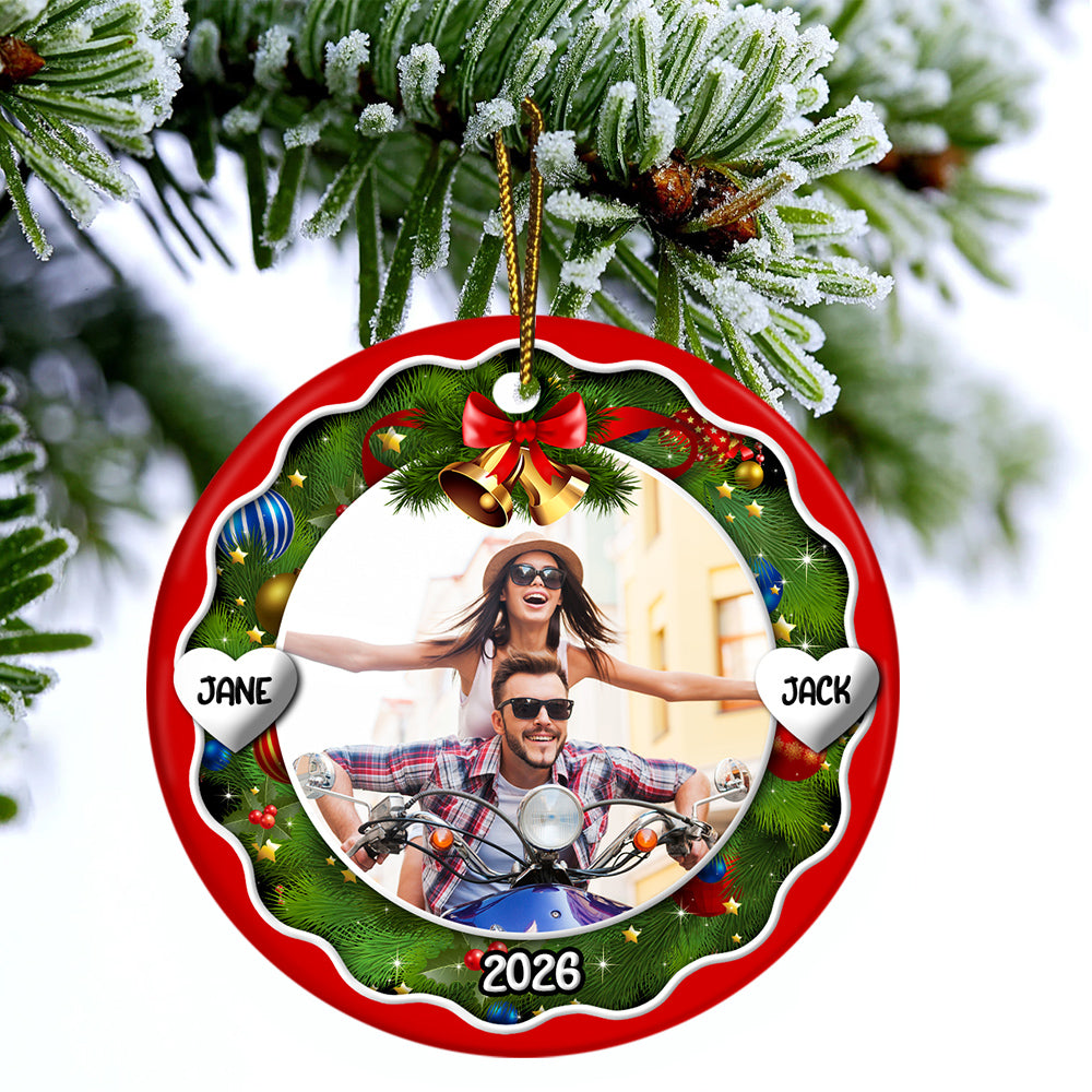 Xmas Frame Custom Photo Couple Cute With Name & Year, Partner Milestone Keepsake, Custom Photo Holiday Tree Hanging, Motorcycle Couple Christmas Decor, Personalized Christmas Idea Gifts