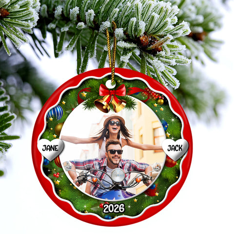 Xmas Frame Custom Photo Couple Cute With Name & Year, Partner Milestone Keepsake, Custom Photo Holiday Tree Hanging, Motorcycle Couple Christmas Decor, Personalized Christmas Idea Gifts