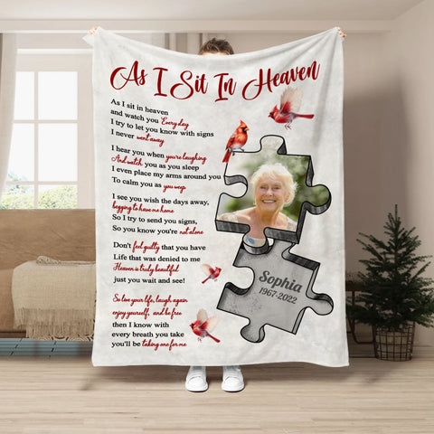 Sympathy Gifts, Memorial Blanket With Photo, In Memory Blanket, Remembrance Words From Heaven, Portrait Image With Symbolic Shape, Watching Over From Heaven Message, Loss Of Mom Dad