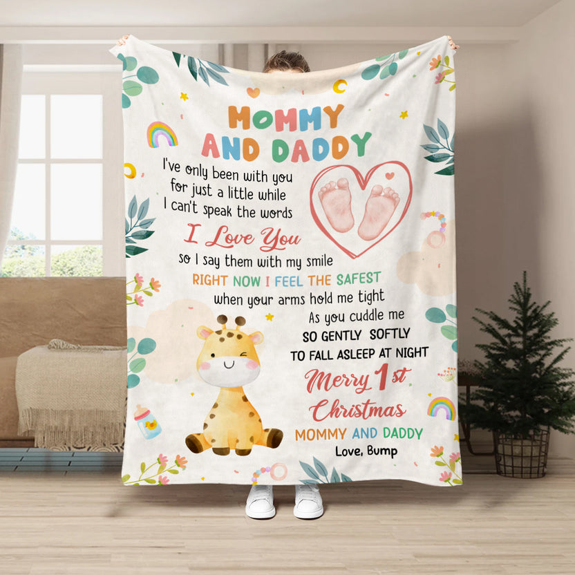 Merry 1st Christmas Mommy Daddy I've Only Been With You A While Footprint Baby Giraffe, Personalized Blanket, Gifts For Xmas
