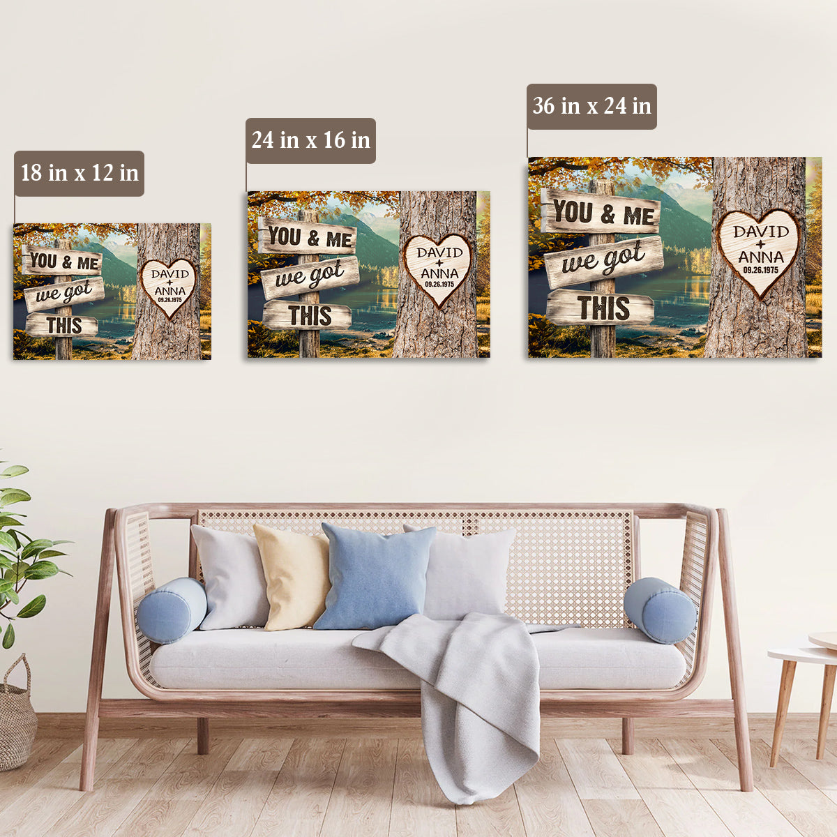 Personalized Couple Poster We Got Rustic Wood Sign Print Custom Name & Date Heart On Tree Autumn Forest Landscape, You & Me, Gifts For Him Her From Honey, Canvas Prints Wall Decor
