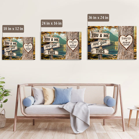 Personalized Couple Poster We Got Rustic Wood Sign Print Custom Name & Date Heart On Tree Autumn Forest Landscape, You & Me, Gifts For Him Her From Honey, Canvas Prints Wall Decor