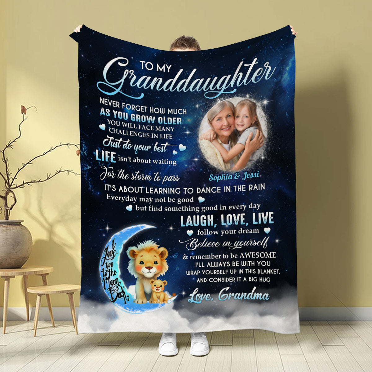 Granddaughter Gifts, Wrap Yourself Up In This Blanket Lions And Photo, Personalized Blanket, Gifts For Granddaughter From Grammy, Fleece Sherpa Blanket, Gifts For Christmas Birthday