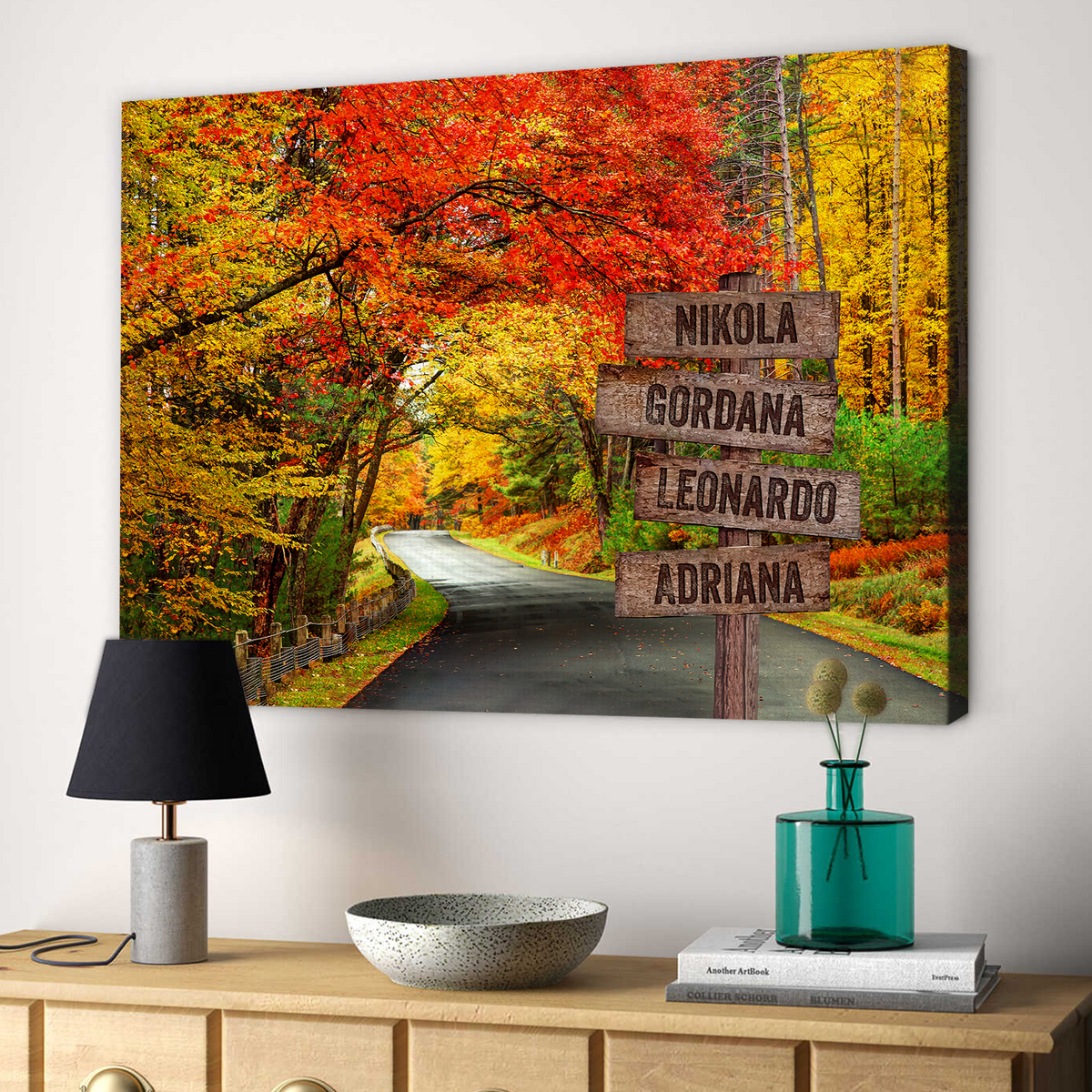 Personalized Canvas Wall Art For Mom Dad From Kids Street Sign Autumn Road Crossroads Family Horizontal Housewarming Custom Multi Name Poster Prints Home Decor Family Gifts For Parents