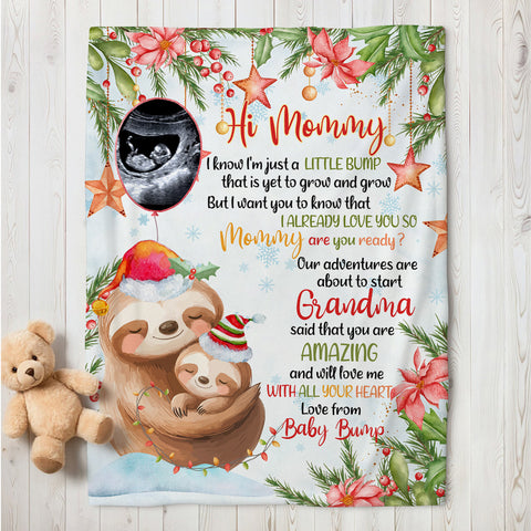 Personalized Sloth Pregnancy Announcement Fleece Sherpa Blanket, Ultrasound Baby Bump Gifts For New Mom New Dad, Meaningful Baby Reveal Keepsake, Expecting Parents Christmas Presents