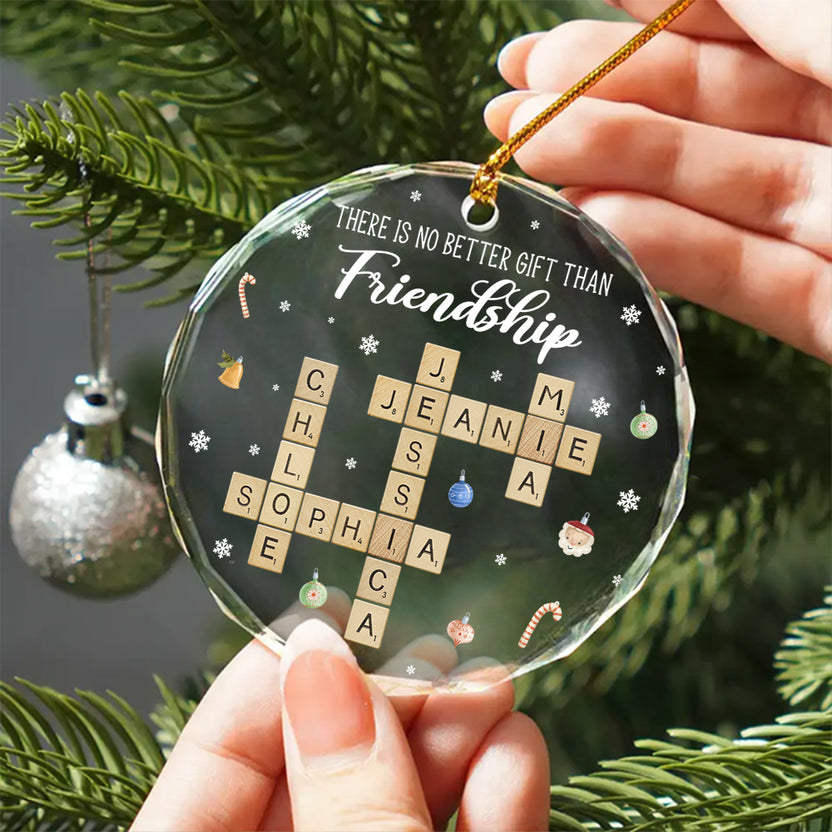 Personalized Friendship Glass Ornament, Custom Name Crossword Ornament, Best Friend Christmas Gift, “No Better Gift Than Friendship”