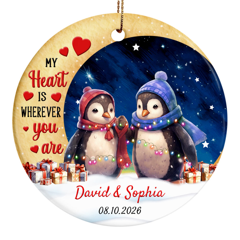 My Heart Is Wherever Cute Penguin Couple Crescents Moon, Romantic Penguin Couple Ornament Keepsake, Holiday Tree Decoration, Gifts For Him Honey Married Couples Him Her Wife Husband