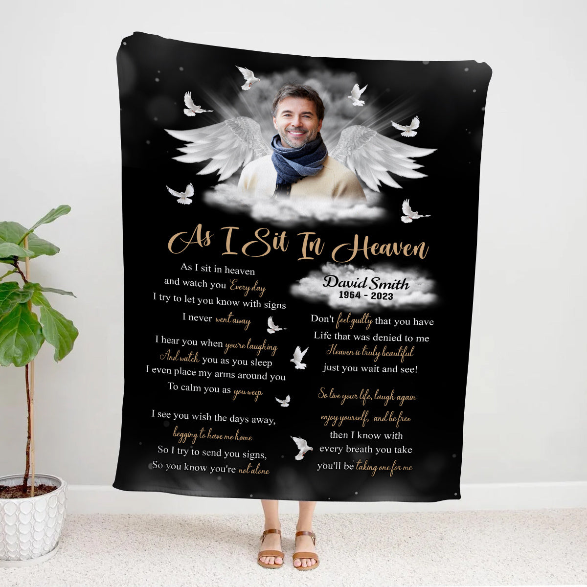 Sympathy Gifts, Memorial Blanket With Photo, Personalized Memorial Blanket, Heavenlies Angel Portrait Artwork, Remembrance Verse With Clouds And Doves, Spiritual Comfort Message