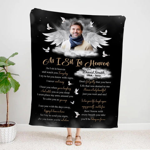 Sympathy Gifts, Memorial Blanket With Photo, Personalized Memorial Blanket, Heavenlies Angel Portrait Artwork, Remembrance Verse With Clouds And Doves, Spiritual Comfort Message