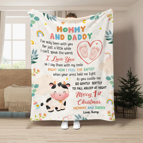 Merry 1st Christmas Mommy Daddy I've Only Been With You A While Footprint Baby Cow, Personalized Blanket, Gifts For New Parents, Fleece Sherpa Blanket, New Parents For Xmas Christmas