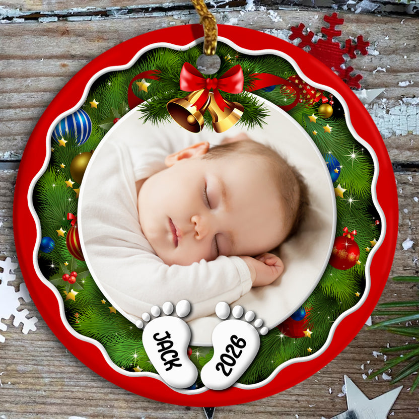 Family Gifts, Xmas Frame Custom Photo Baby Cute With Feet Name & Year, Baby First Christmas Keepsake, Custom Family Photo Tree Decoration, Newborn Milestone Hanging, Xmas Tree Decor