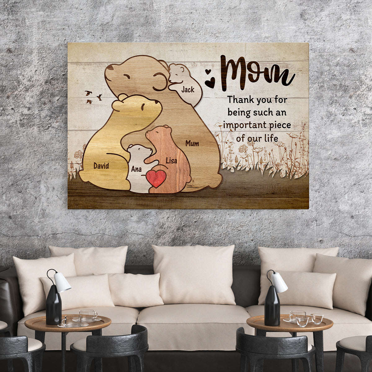 Gifts For Mom, Thanks For Being Such An Piece Of Our Life Mommy Kids Bear Wooden Pieces Canvas Wall Art, Gifts From Daughter Son, Poster Prints Wall Decor, Gifts For Mothers Day Xmas