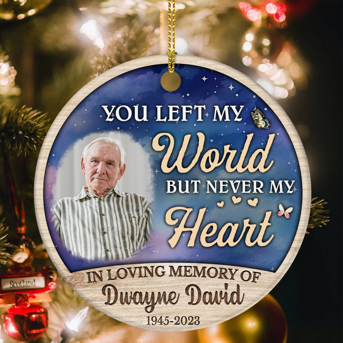 Bereavement Gifts, Personalized Photo Memorial Ornament, You Left World But Never My Heart Wooden Background, Gifts For Loss Of Loss Of Loved, Xmas Tree Decoration, Memorial Keepsake