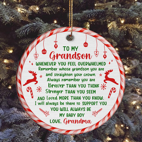 Grandsons Gifts, Remember Whose Grandson You Are Christmas Candy Cane Theme Circle Ceramic Ornament, Personalized Christmas Ornament, Gifts For Boys From Nana, Xmas Tree Decor