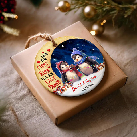 From Our First Kisses Till Our Last Breathes Penguin Couple Crescents Moon, Penguin Holiday Tree Decoration, Penguins Couple Keepsake, Xmas Ornament, Personalized Christmas Ornament